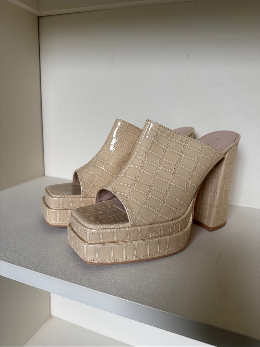Beige Croc Patent Platform Mule Heels
